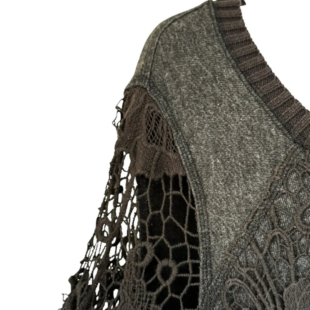 Free People Pretty Rad Sweater Graphite Black Round Neck Crochet Lace Goth Med